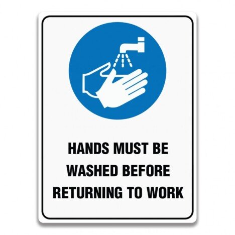 HAND MUST BE WASHED BEFORE RETURNING TO WORK SIGN